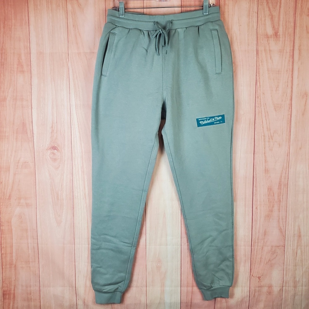 Mitchell & Ness Box Logo Sweatpants Men Small Gray Green Tapered Leg Drawstring
